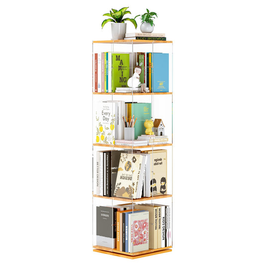 TAKEKIT Rotating Bookshelf, 360 Degree Revolving Bookcase, 4-Tier Spinning Bookshelf, Clear Acrylic & Solid Wood Rotating Bookcase for Kid’s Playroom, Bedroom and Living Room, Square