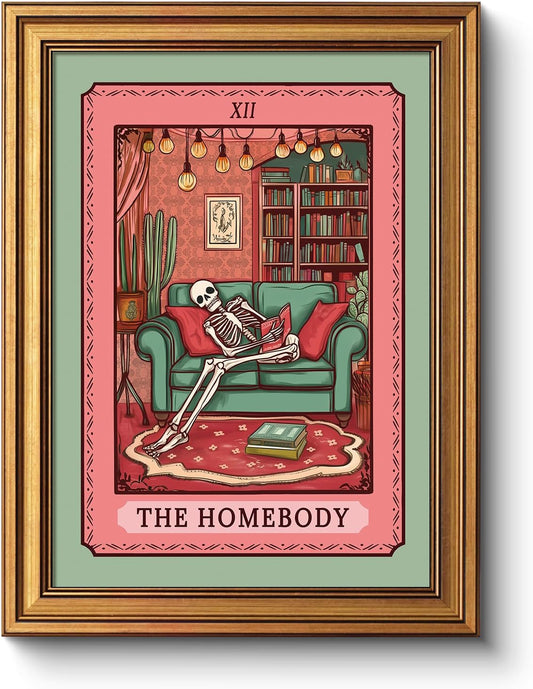 Regine Switzerland Vintage Spooky Cozy Home Scene Wall Art - 12x16 Halloween Skeleton Print | Retro Dark Humor Decor