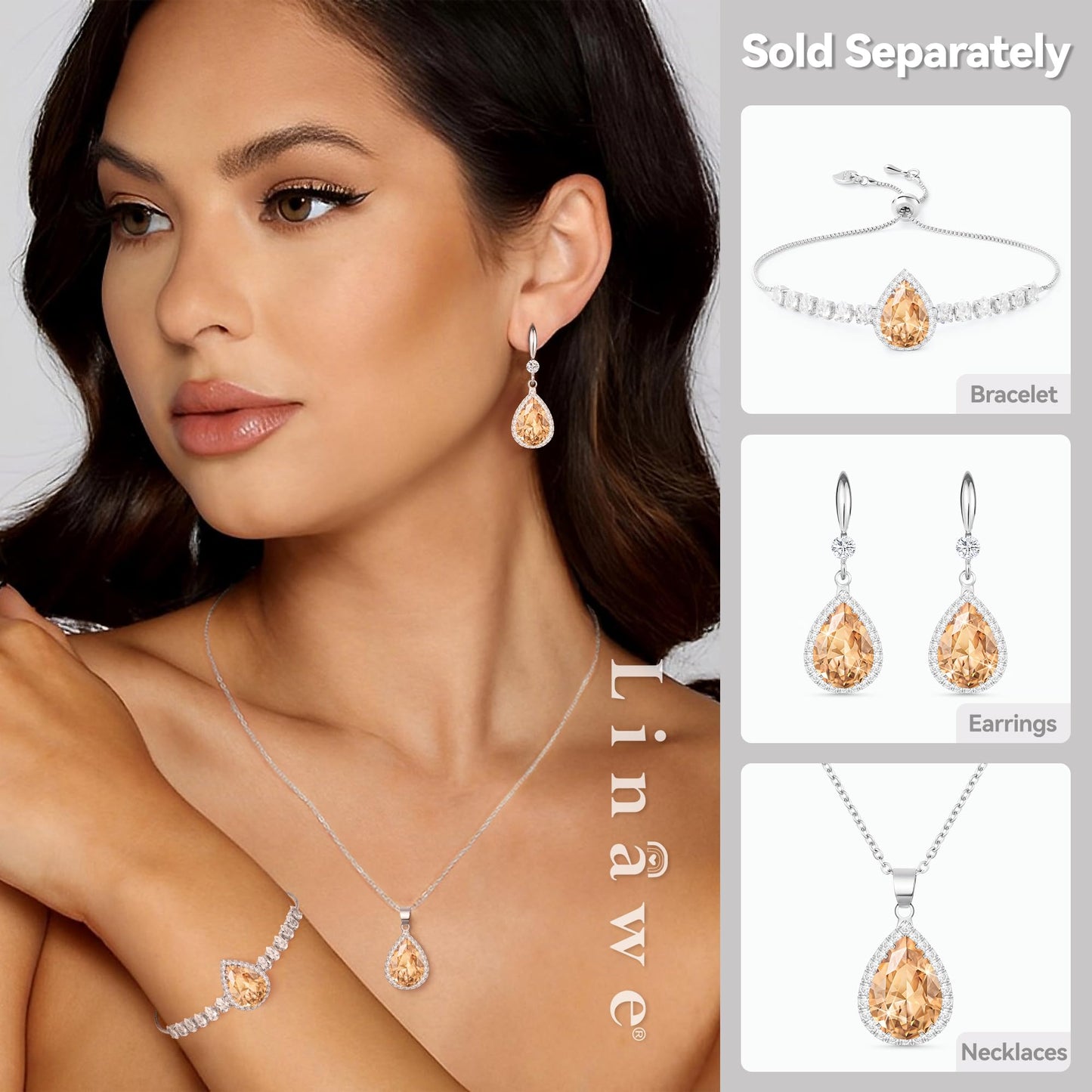 Linawe Champagne Cubic Zirconia Fake Diamond Crystal Dangle earrings, Silver Color Drop Earrings for Women Trendy, Teardrop Rhinestone Costume Fall Earrings, Formal Tear Drop Earrings Jewelry