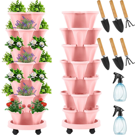 Umigy 2 Set of 7 Tier Vertical Planter Stackable Tower Planters Strawberry Herb Flower and Vegetable Pots Indoor Outdoor Gardening Pots with Removable Wheels and Tools(Pink)