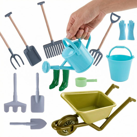 1:12 Scale Miniature Dollhouse Garden Tools Set, Mini Plastic Gardening Kit with Shovel, Rake, Hoe & Watering Can for Fairy Garden, Micro Landscape & DIY Craft Decoration