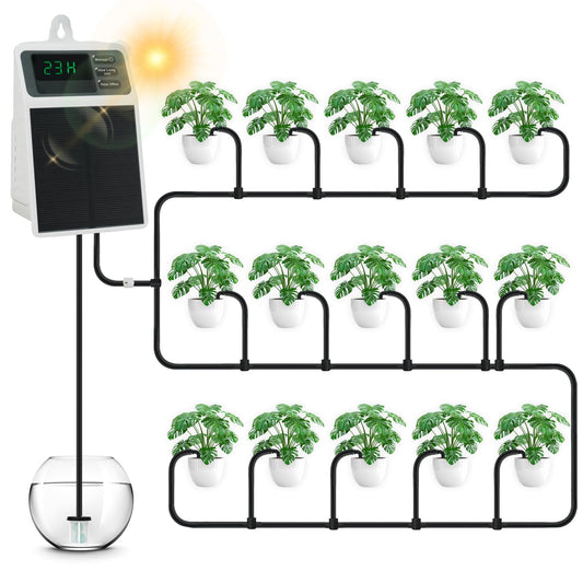 Solar Automatic Drip Irrigation System, 15 Pot Self Watering System with 2200mAh, IPX5 Waterproof, USB-C & Solar Charging, Timer Modes for Indoor/Outdoor Garden, Balcony & Patio