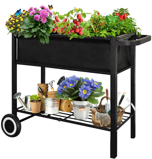Fiwithy Raised Garden Bed with Legs for Outdoor Plants, Standing Elevated Planter Box Cart on Wheels for Vegetables Flower Herb Patio, Black