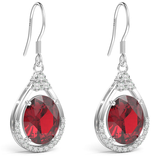 18K White Gold Plated Sterling Silver Oval Cut Cubic Zirconia Drop Dangle Earrings for Women Hypoallergenic Statement Earrings Gifts for Women Mom (Red)