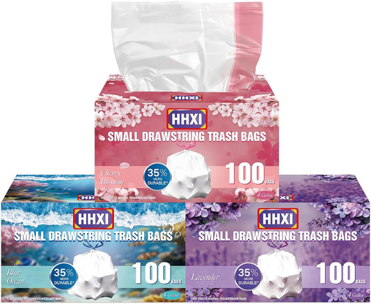 Skiennix 300Ct Small Trash Bags - Odor Resistant, Scented Drawstring Bags in Blue Ocean, Lavender & Cherry Blossom