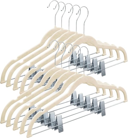 Home-it Velvet Hangers with Clips - Space-Saving No Slip Design for Pants, Skirts & Dresses - 10 Pack in Ivory