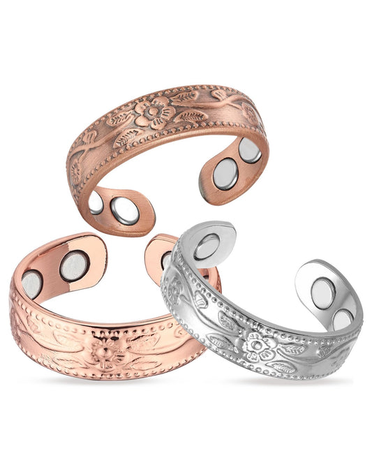 BioMag Magnetic Lymphatic Drainage Ring Set, 3Pcs 99.99% Pure Copper Rings for Women with 3500 Gauss Magnets, Adjustable Size, Floral Branch and Leaf Pattern