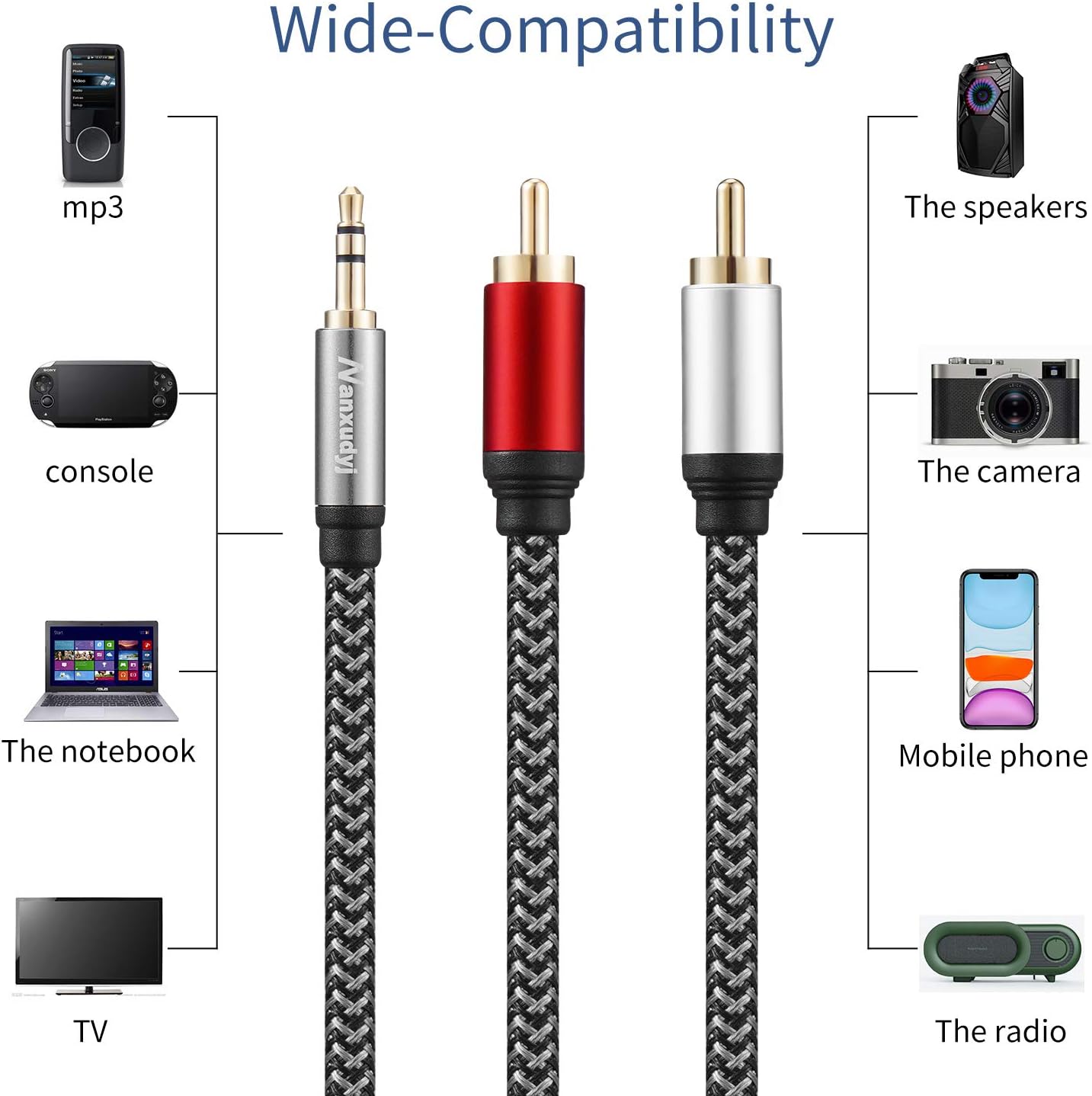 Nanxudyj 3.5mm 2RCA 100ft, MP3 DY66 to Audio Cable, Top Series, Nylon-Braided, for Stereo Receiver Speaker, Smartphone
