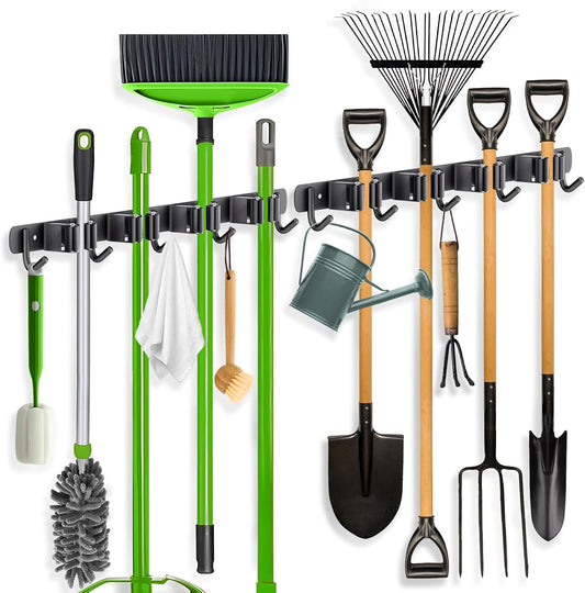 ZONGOOL Broom Holder Wall Mount - Heavy Duty 2 Pack Organizer with 4 Racks & 5 Hooks | Black