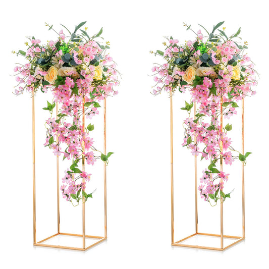 NUPTIO 2 Pcs Metal Flower Floor Vase Column Geometric Centerpieces Flower Stand for Tables, 31½ inch Tall Gold Flower Holder for Home Party Wedding Decorations, Rectangular Display Rack