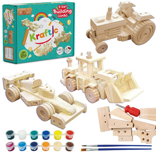 Kraftic Woodworking Building Kit for Kids, with 3 Educational DIY Carpentry Construction Wood Model Kit Toy Projects for Boys and Girls- Tractor, Bulldozer and Racing Car