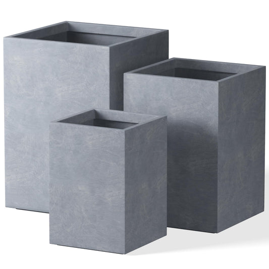 Kante 18.5",15.7",12.6" H Tall Rectangular Concrete Planters Set of 3, Outdoor Indoor Lightweight Plant Pots with Drainage Hole and Rubber Plug, Modern Style for Home Garden Patio, Slate Gray
