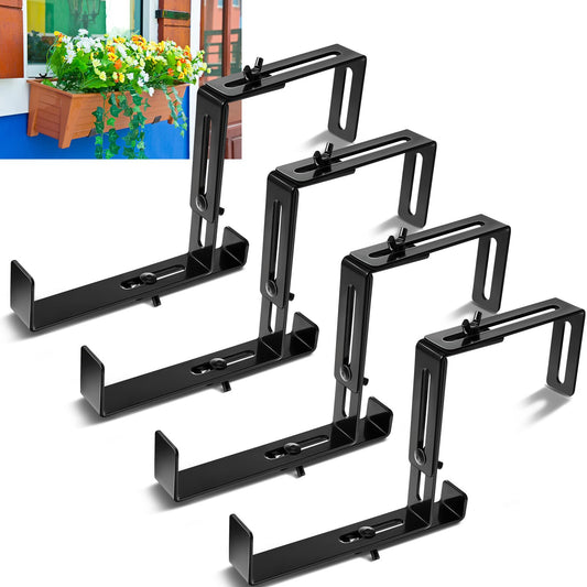 Leinuosen 4 Pcs Adjustable Window Boxes Brackets Planter Box Bracket Heavy Duty Deck Railing Hanging Flower Stand for Windowsill Garden Fence Balcony (Black)