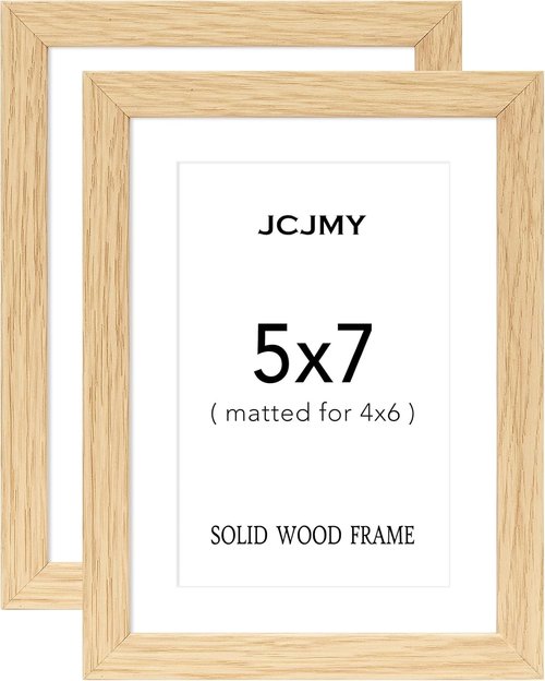 JCJMY 5x7 Solid Wood Picture Frame Set of 2 - Display 4x6 with Mat or 5x7 Without Mat | Natural Finish