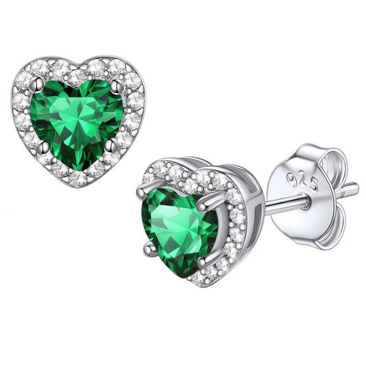 Bestyle Heart May Emerald Birthstone Earrings Green Studs Embellished with White Crystals Sparkling Ear Jewelry for Birthday/Christmas/Party/Anniversary/Wedding