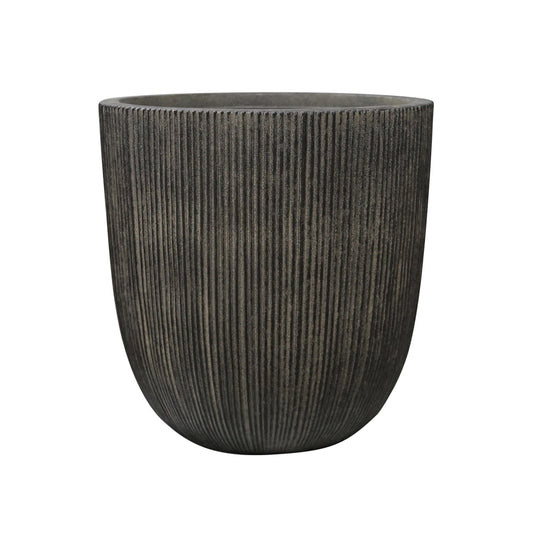 Vintage Black Faux Cement Ribbed Planter, 12.4"H Tall Tapered Egg-Shaped Plastic Plant Pot with Drainage Hole & Plug, Large Modern Indoor Outdoor Flower Pot for Home, Garden, Patio and Houseplants