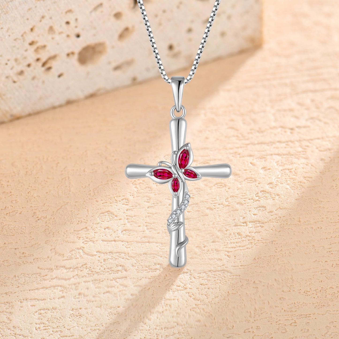 Blaniy Cross Necklace for Women 925 Sterling Silver Butterfly Necklace Ruby Pendant Necklaces July Birthstone Jewelry Gifts for Women