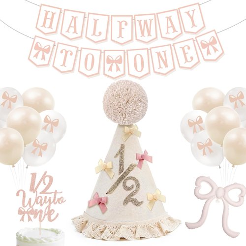 Half Birthday Decorations for Baby Girl – Bow Birthday Hat, Half Way to One Banner, Bow Balloons, 1/2 Cake Topper, 6 Months Party Supplies