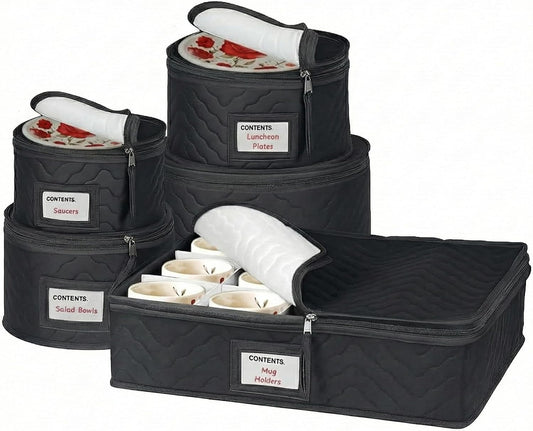 China Storage Containers 5-Piece Set - Sturdy Quilted Microfiber Dish Organizer for Dinnerware, Black