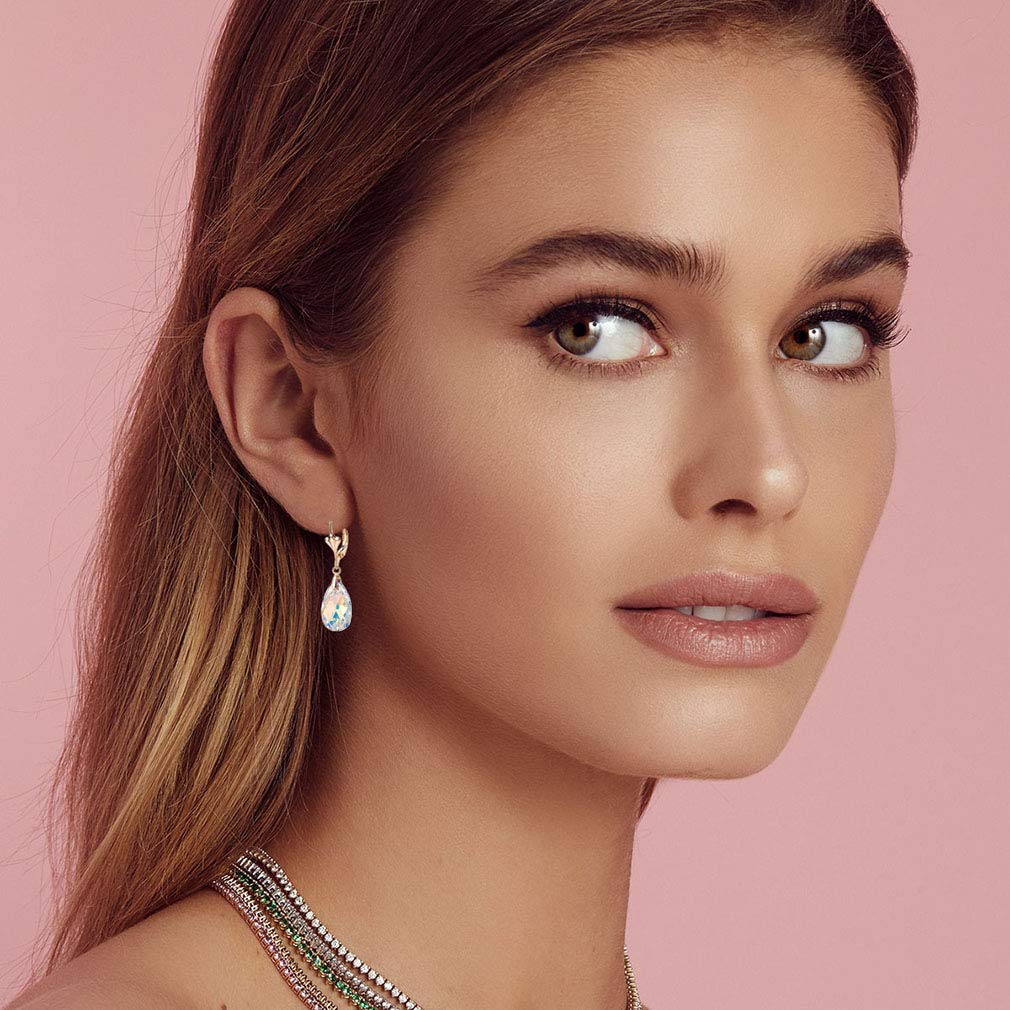 Austrian Crystal Teardrop Leverback Dangle Earrings for Women Fashion 14K Gold Plated Hypoallergenic Jewelry (Aurora Borealis)