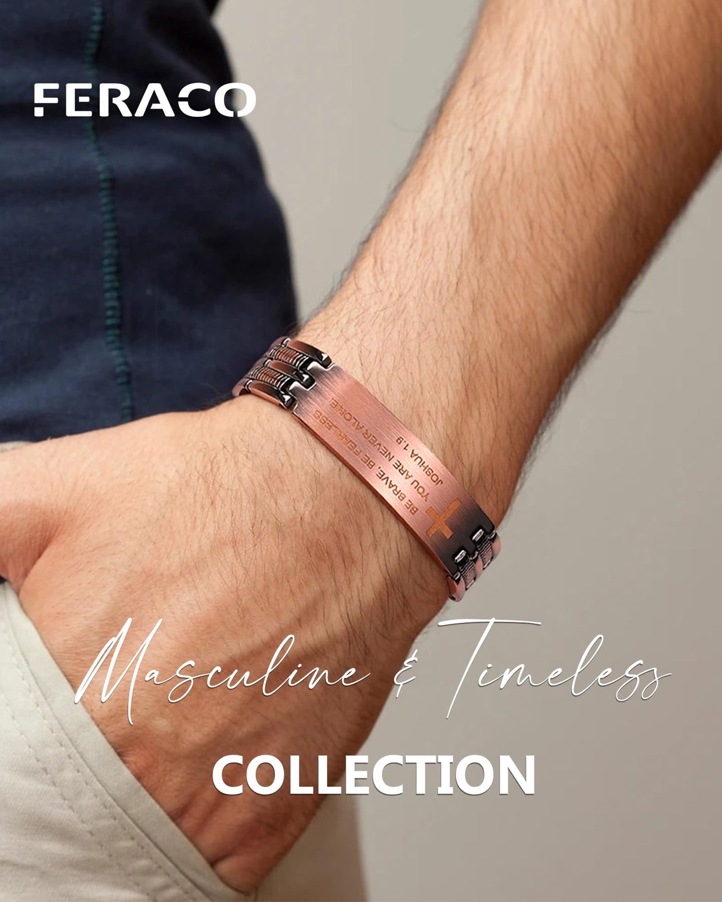 Feraco Copper Cross Bracelet for Men,Magnetic Therapy Cooper Bracelets with Magnets, Men's 99.99% Pure Copper Christian Jewelry