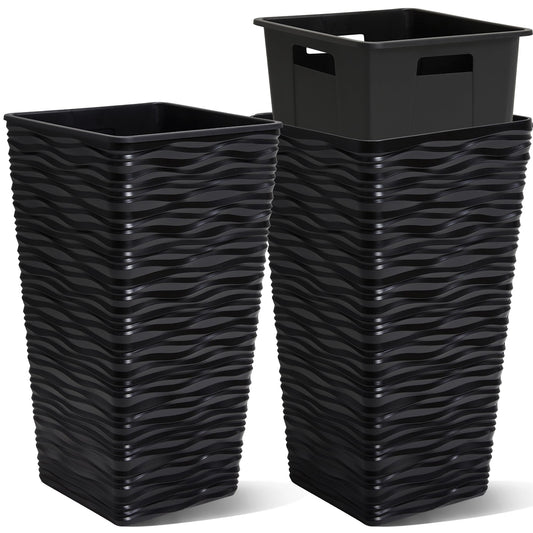Worth 2 Pack 22" Tall Plastic Square Tapered Planter with Inside Pots for Indoor or Outdoor Use, Modern Wavy Finish for Front Porch or Deck, Black
