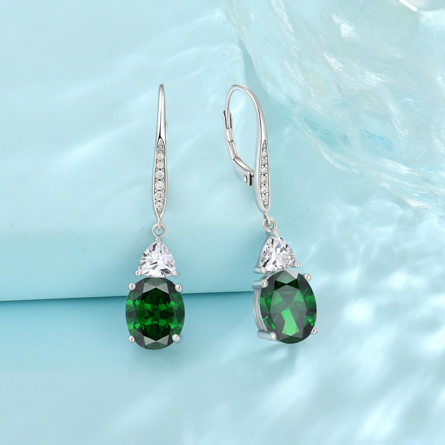 Rocayi Oval Emerald Earrings for Women 925 Sterling Silver Dangle Drop Leverback Earrings May Birthstone Jewelry for Her