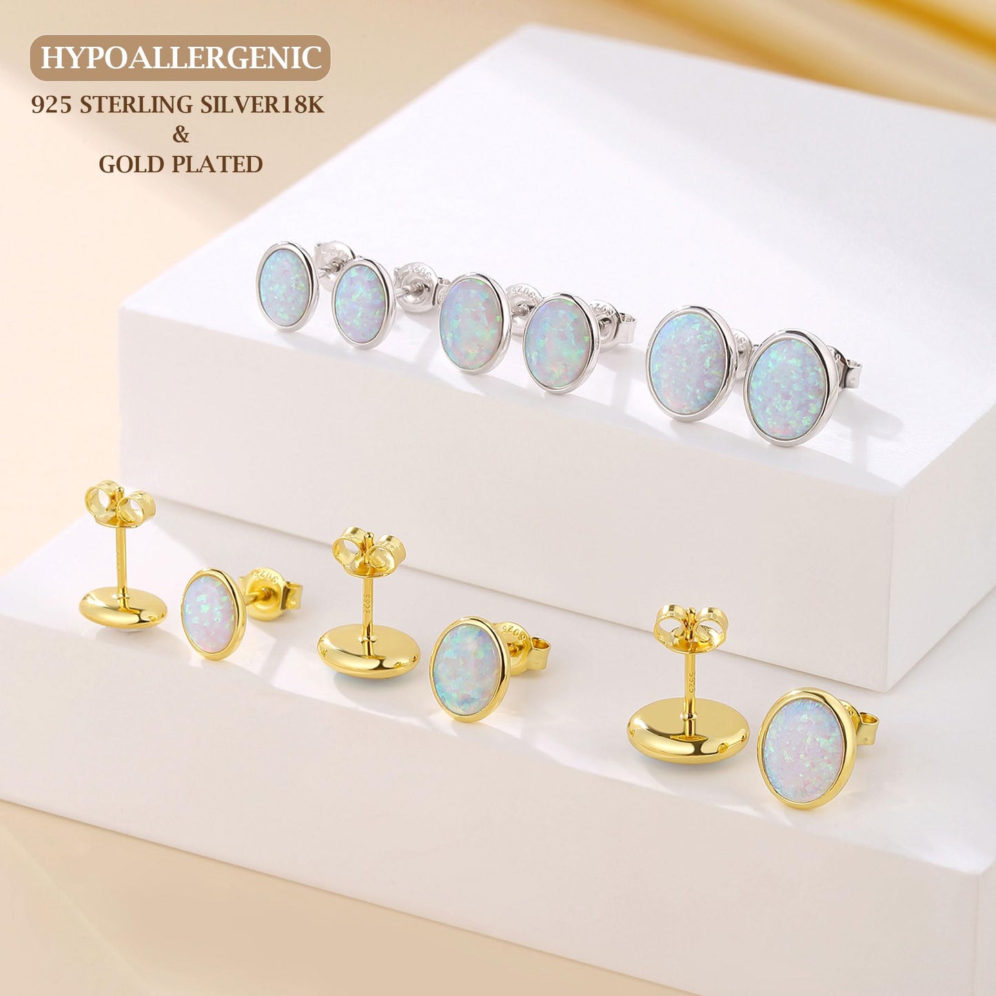 JiayangJY White Fire Opal Stud Earrings for Women 18K Yellow Gold Plated Sterling Silver Oval Shape 5mm Opal Earrings with Push Back