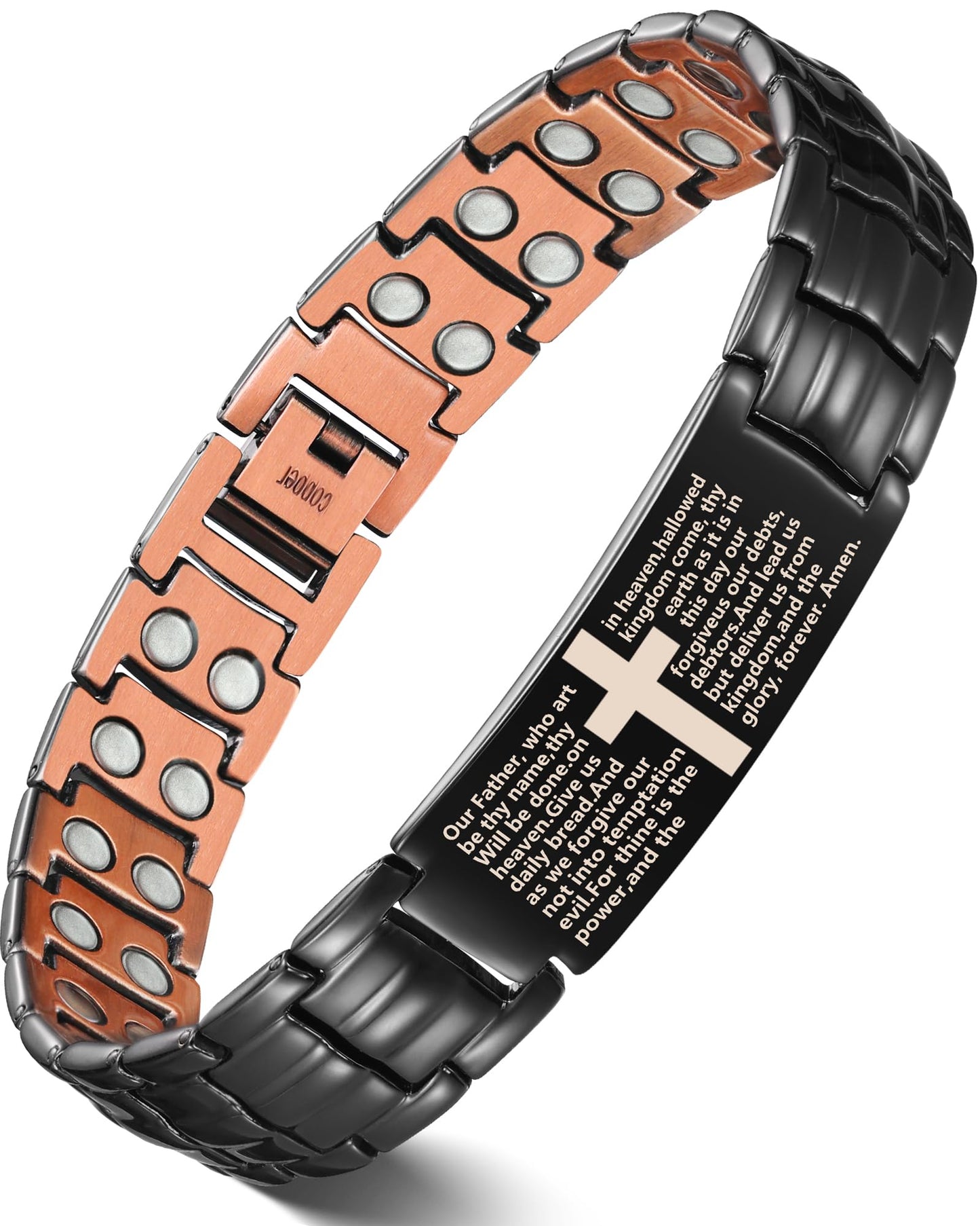 Feraco Copper Cross Bracelet for Men,99.99% Pure Copper Magnetic Therapy Bracelets with 46 Magnets（Black）
