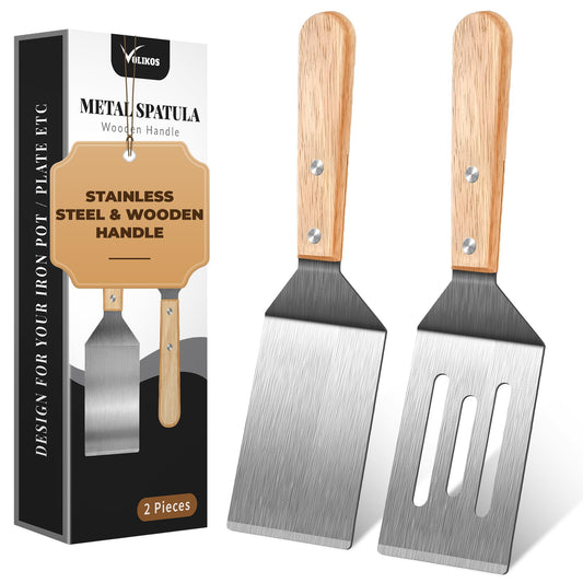 Stainless Steel Spatula Set, 2 Pieces Metal Spatula for Cast Iron Skillet, Metal Spatulas for Kitchen Use with Wooden Handle, Ideal for Frying Steak, Pancake, Cookie, Burger, Brownie or Desserts