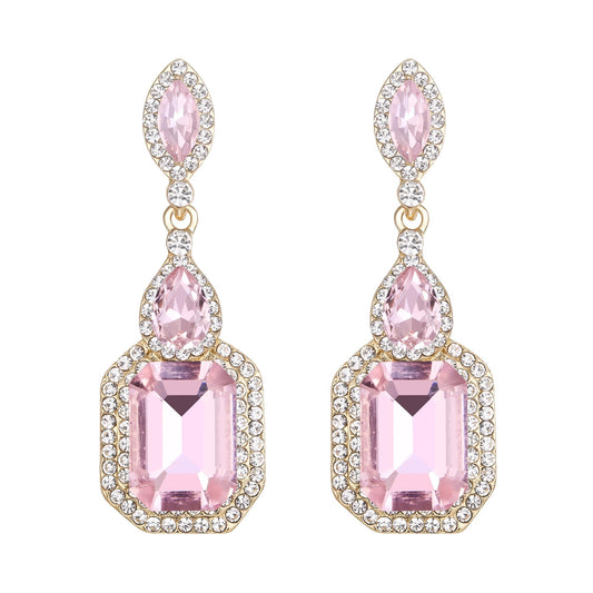 BriLove Wedding Bridal Dangle Earrings for Women Emerald Cut Crystal Infinity Figure 8 Chandelier Jewelry Pink Gold-Tone