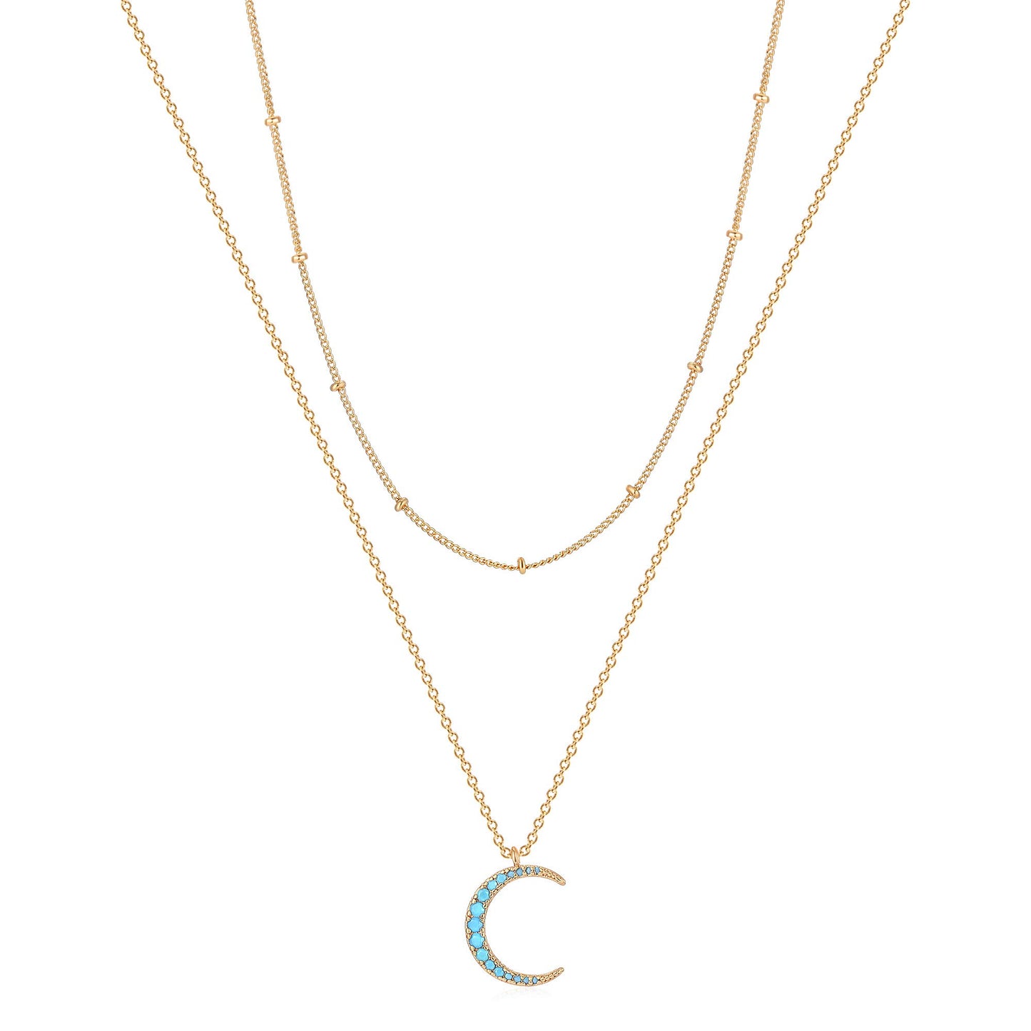 MEVECCO Gold Dainty Layered Crescent Necklace Half Moon Necklace 18K Gold Plated Delicate Moon Phase Tiny Turquoise Jewelry