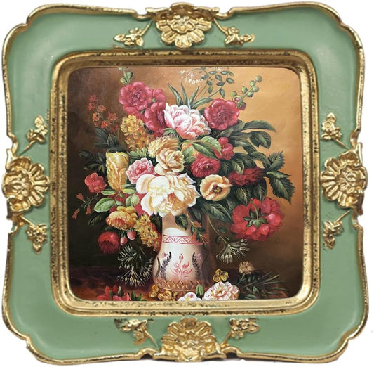 WINPLUS+ Vintage Picture Frames - Luxury Antique Photo Frame with Golden Embossed Flowers | Retro 3x3 Green Decor