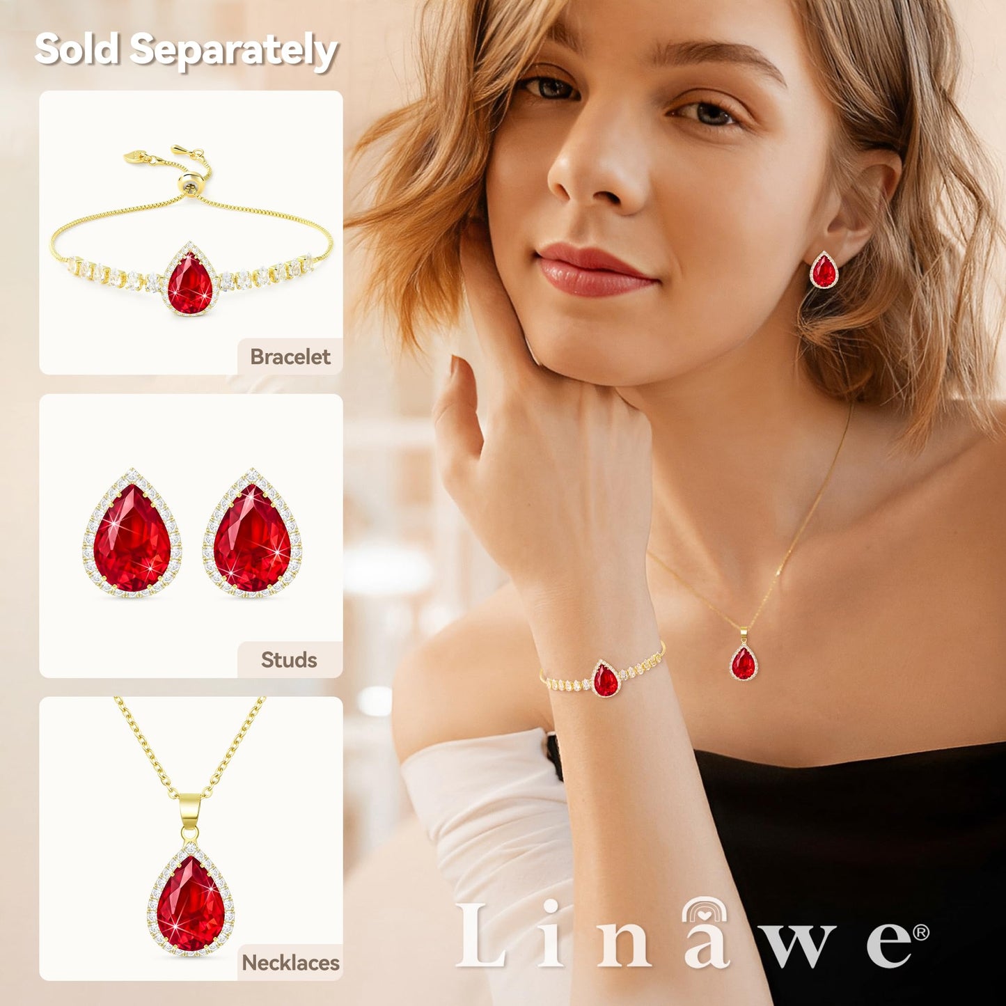 Jertom 14k Gold Plated Copper Pear-Shaped Teardrop CZ Diamond Ruby Pendant Necklace with Rhinestone Inlaid Fashion Necklace for Women Bride Bridesmaid, ruby teardrop gold