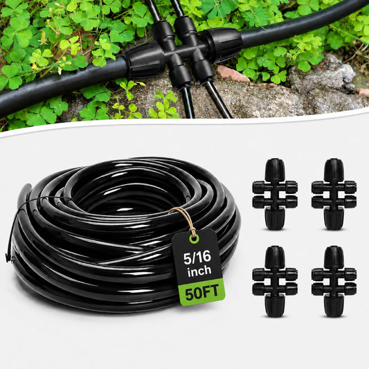 Bonviee 50FT 5/16” Drip Irrigation Mainline Tubing with 4-Way Push-to-Connect Couplers (4 Pack) – Compact DIY Garden Irrigation Distribution System for Misting, Raised Beds & Small Spaces