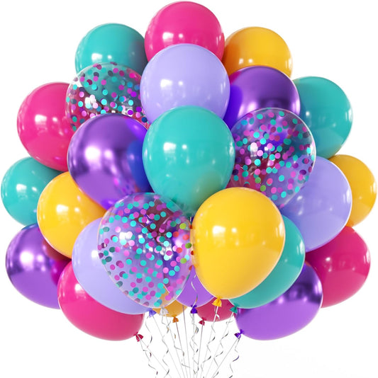 Skiennix 50 Pcs 12 Inch Hot Pink, Purple & Teal Balloons | Metallic Confetti for Birthday & Baby Shower Decor
