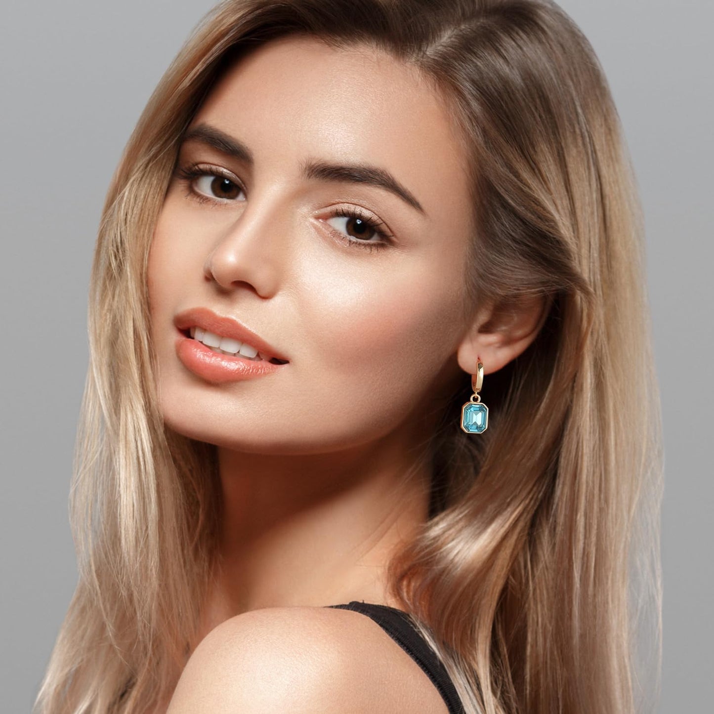 Birthstone Crystal Dangle Drop Earrings, 18K Gold Plated Huggie Hoop Hypoallergenic Earring Jewelry Gifts for Women (Blue)