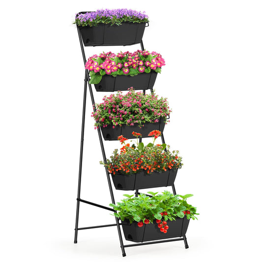 Vertical Garden Planter 5 Tiers Raised Garden Bed Outdoor Standing Herb Garden Planter with Drainage Holes and Removable Tray Planters for Outdoor Plants Vegetables Flowers Black