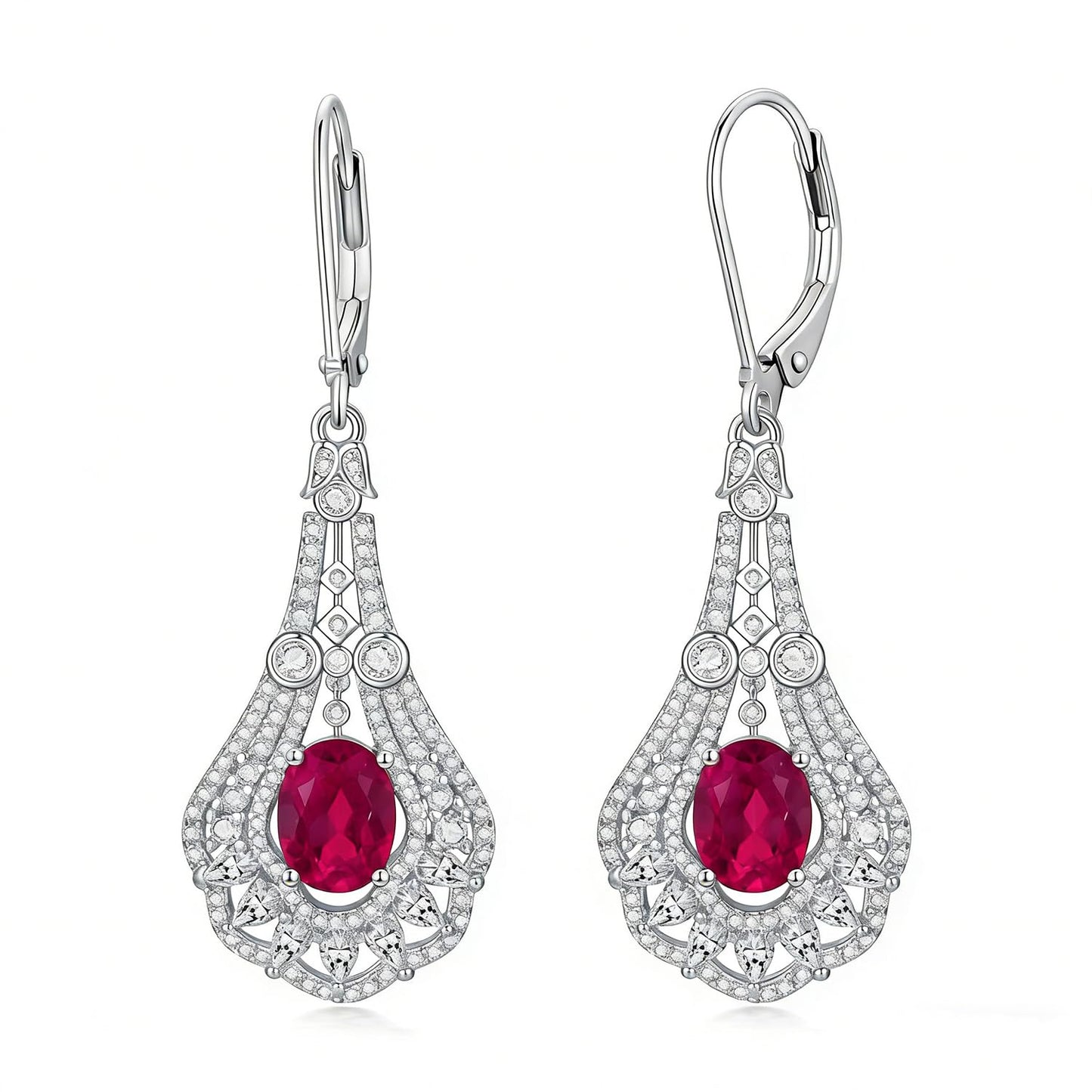 Lvoryance 1.5CT Created Ruby Earrings 925 Sterling Silver 6mm * 8mm Oval Cut July Birthstone Drop Earrings for Women