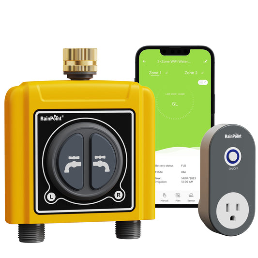 RAINPOINT WiFi Water Timer with Brass Inlet, 2 Outlets Sprinkler Timer,Automatic Irrigation System Controller, APP & Voice Control, Irrigation by Weather/Quantity/Soil Moisture