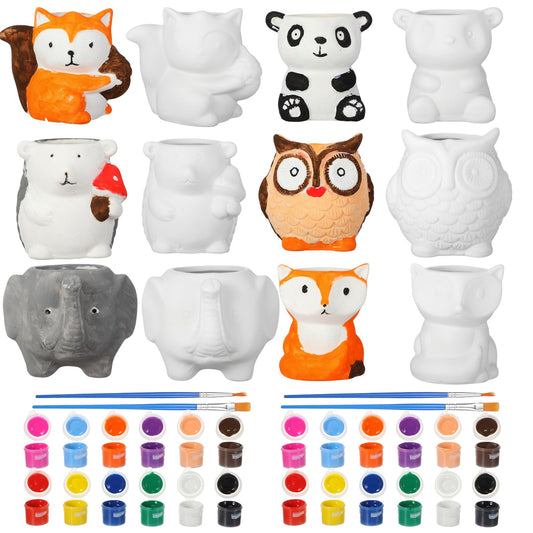 Sunnychicc 12 Sets Christmas DIY Ceramic Animal Succulent Pots Figurines Unpainted Ceramic Bisque Paintable Animal Flowerpots with Drainage Hole Ready to Paint for Kids Classroom Craft Project