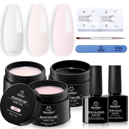 Beetles Builder Gel for Nails-3 Colors 9 in 1 Nail Extension Sculpting Building,Clear Nude Pink Hard Gel Kit with Base Top Coat for Pros,Gifts for Women,UV & LED Lamp Cured Needed