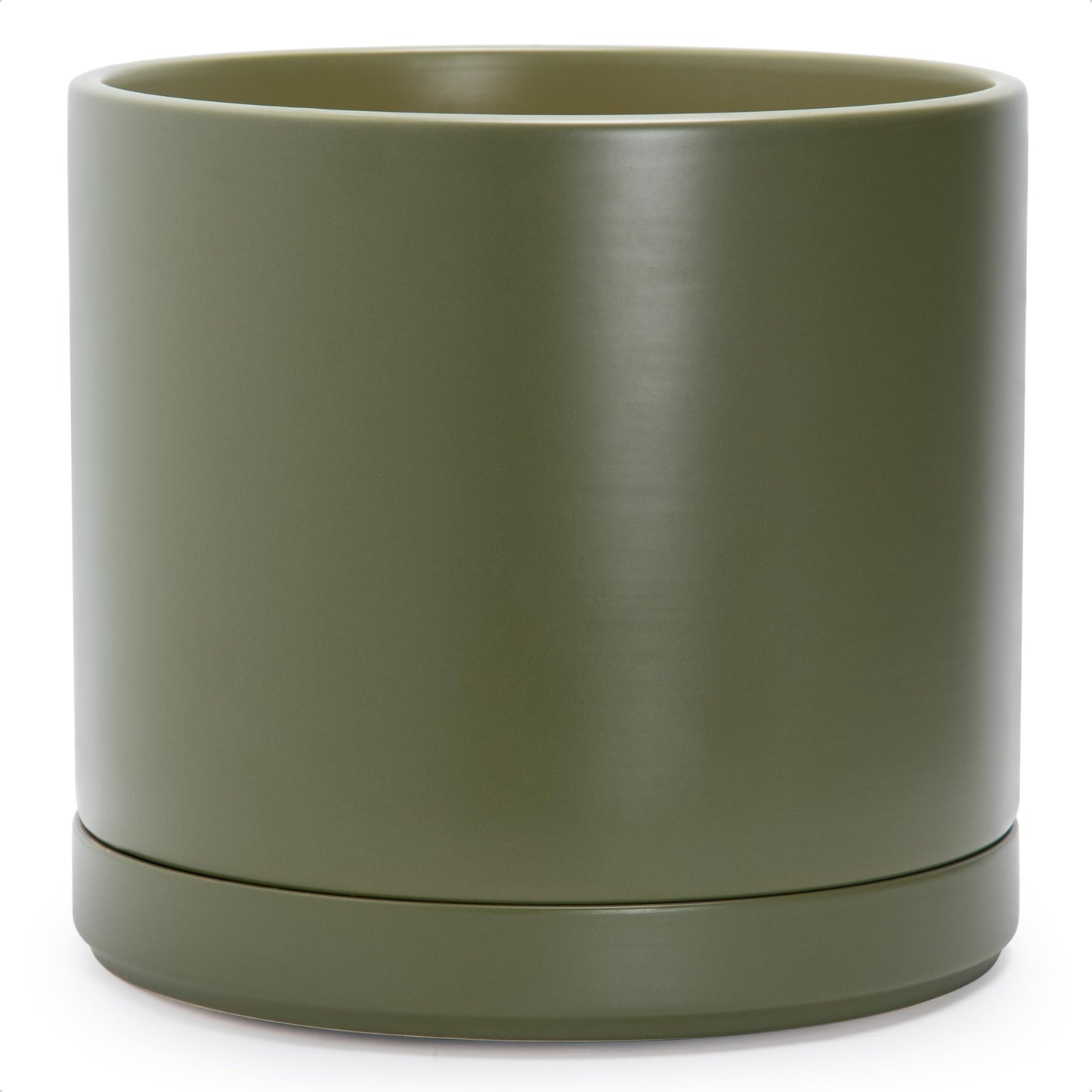 D'vine Dev 14 Inch Ceramic Planter Pot with Drainage Hole and Saucer, Indoor Cylinder Round Planter Pot, Olive, 94-O-G-J