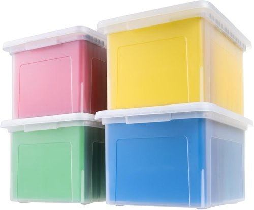 IRIS USA File Box - Durable Plastic Organizer with Lids for Letter/Legal Files | 35 Qt, Clear, 4-Pack
