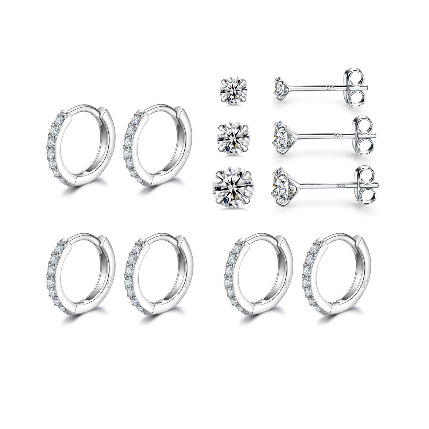 Sterling Silver Small Hoop Earrings Sterling Silver Stud Earrings for Women 6 Pairs Hypoallergenic Cartilage Hoops Tiny Cubic Zirconia Stud Set
