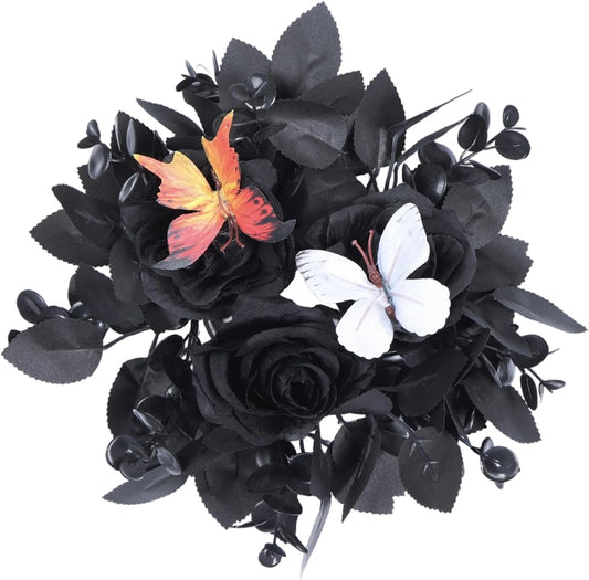 Regine Switzerland Halloween Rose Candle Ring Wreath - Gothic Black Floral with Butterfly & Artificial Leaves | Elegant Table Centerpiece