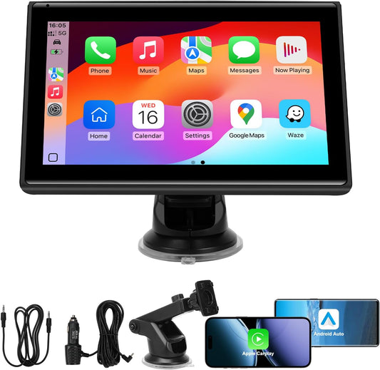 BOAODIFSH 7" Portable Wireless CarPlay Screen for Car Apple CarPlay & Android Auto, HD Touch Screen Car Stereo