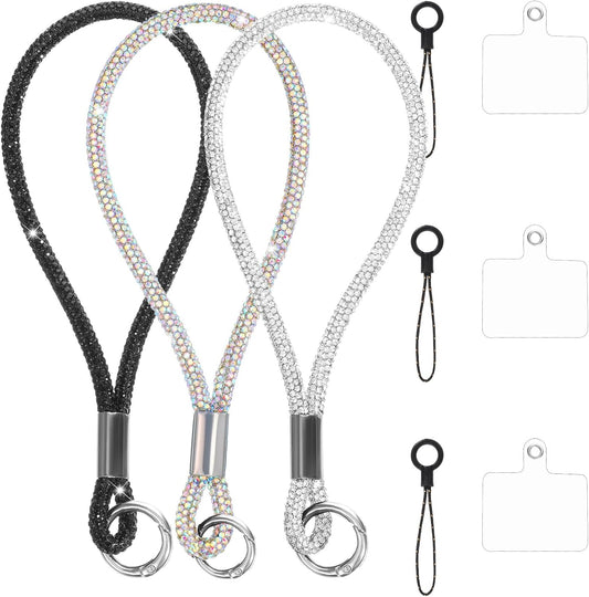 Alrhso 3 7.48 Pcs Bling Rhinestone Phone Wrist Strap Full Diamond Pendant Wrist Strap Bling Keychain Wristlet Lanyard
