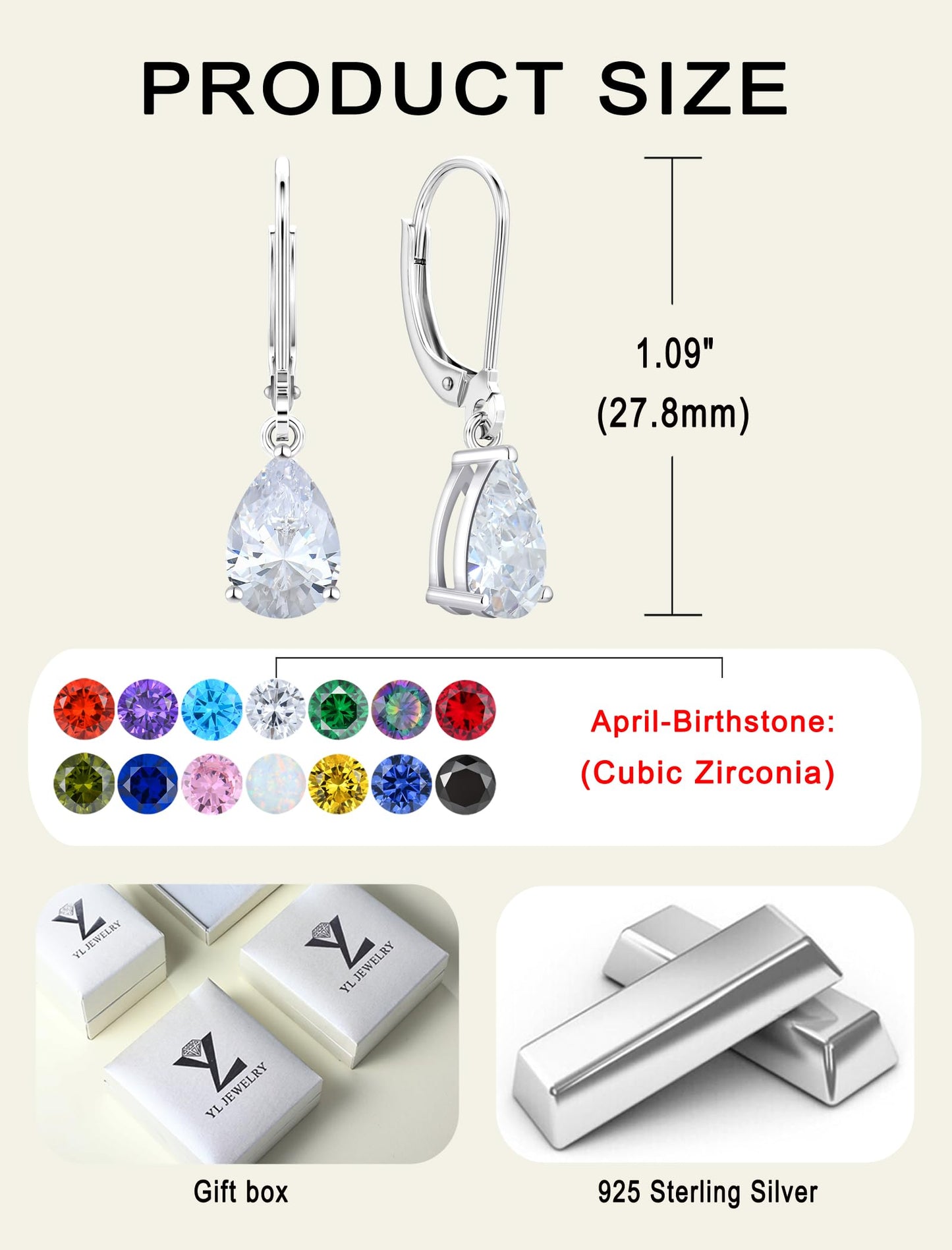YL 925 Sterling Silver Teardrop Dangle Drop Earrings for Women 7x10 MM Solitaire Cubic Zirconia Leverback Jewelry