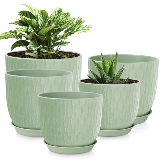 LESOASIS Plastic Plant Pots 10/9/8/7.5/7 inch Set of 5, Flower Planters with Drainage Holes and Saucers, Plastic Pots for Indoor Outdoor Plants, Livingroom Garden Decor (Green)